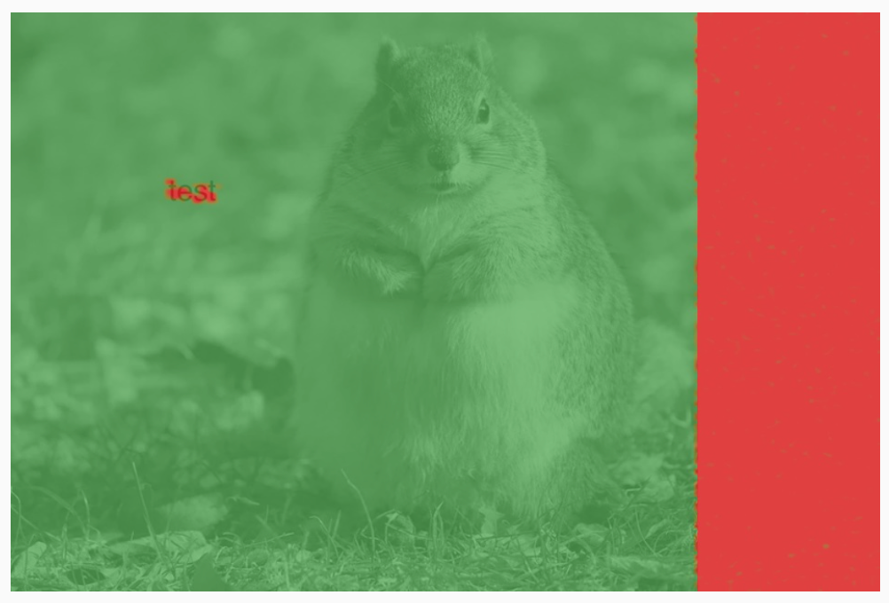 A photo overlaid in green with unchanged regions and in red where a text overlay and a replaced strip were detected